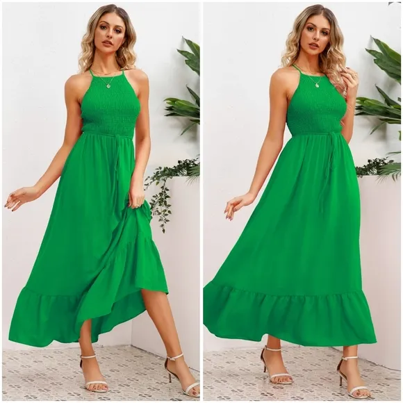 Green Smocked Crisscross Spaghetti Strap Dress