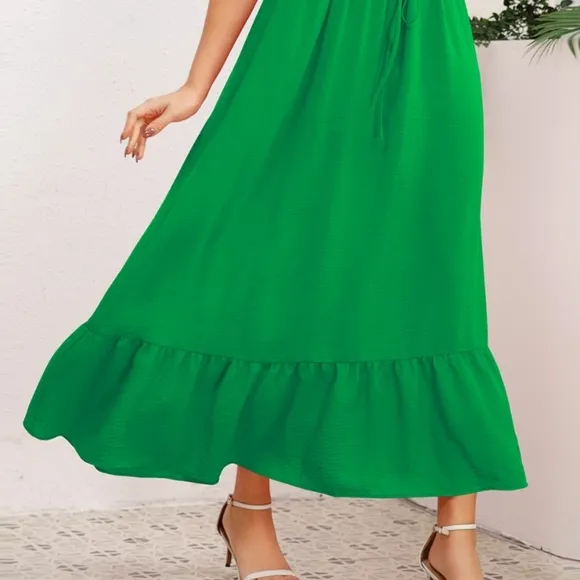 Green Smocked Crisscross Spaghetti Strap Dress
