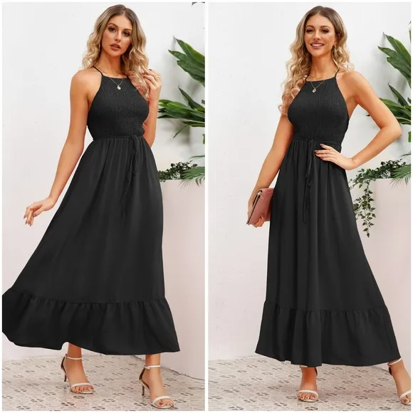 Green Smocked Crisscross Spaghetti Strap Dress