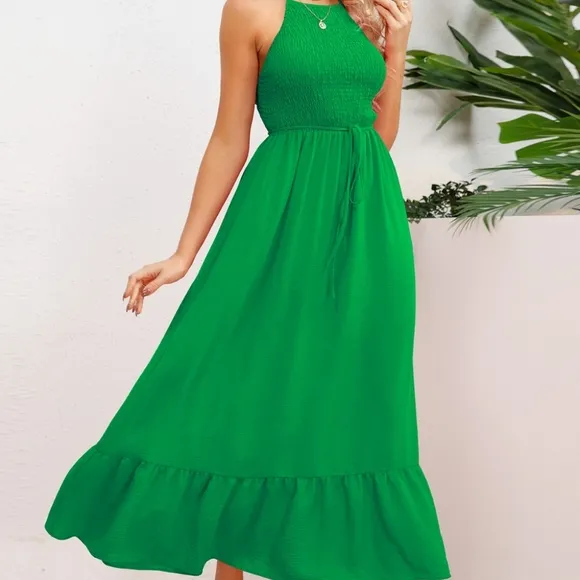 Green Smocked Crisscross Spaghetti Strap Dress