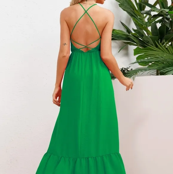 Green Smocked Crisscross Spaghetti Strap Dress