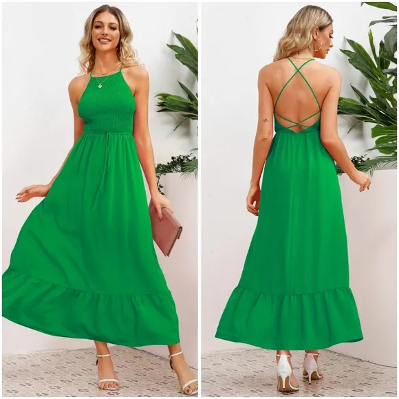 Green Smocked Crisscross Spaghetti Strap Dress