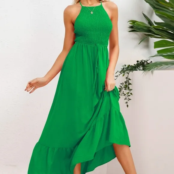 Green Smocked Crisscross Spaghetti Strap Dress