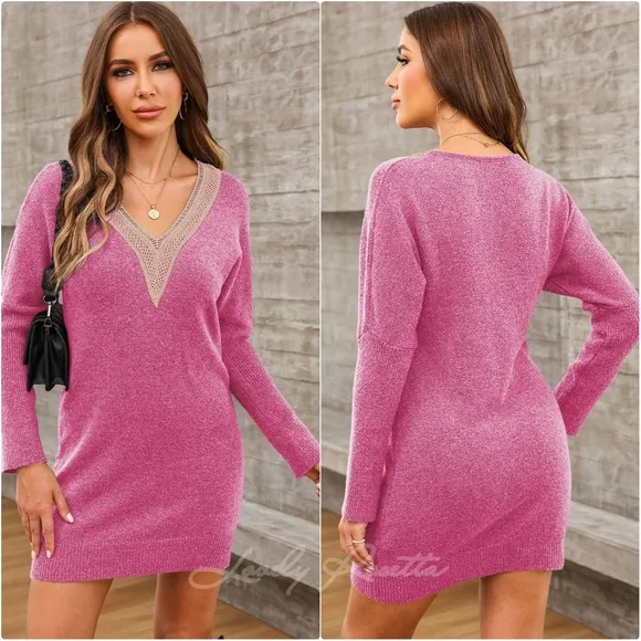 Grey V-Neck Sweater Dress