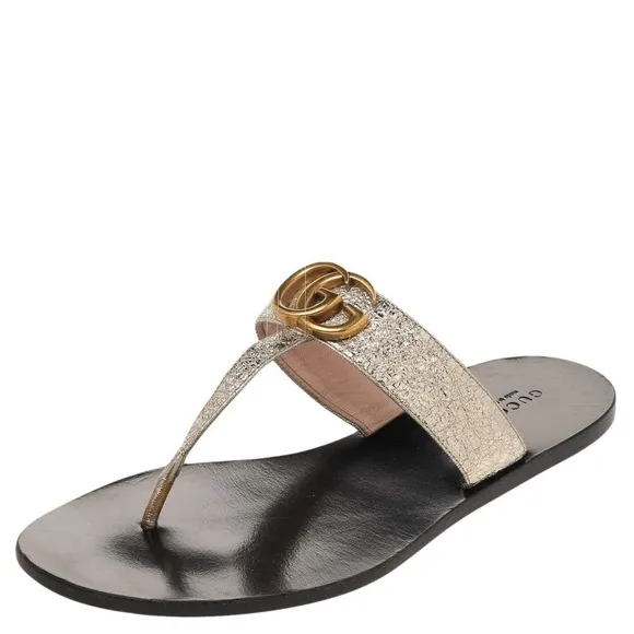 Gucci Metallic Gold Leather GG Marmont Thong Flat Sandals Size 37