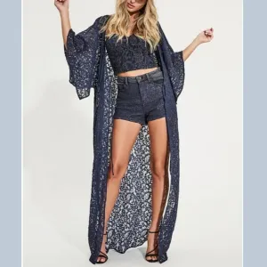 Guess Lace Tie Front Kaftan Sun-Bleach Navy NWT