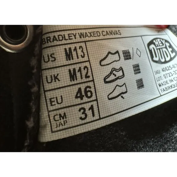 Hey Dude Bradley Mens Size 13 Grey Black Waxed Canvas Boots 40625-030 Sneaker