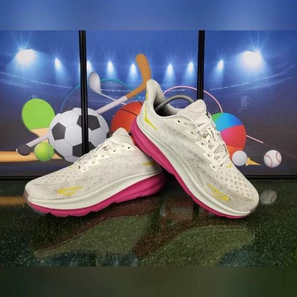HOKA Clifton 9 White and Pink Womens Size 10B