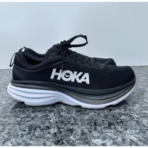 HOKA MENS BONDI 8 WHITE/BLACK MESH COMFORTABLE ATHLETIC RUNNING SHOES SIZE 12D