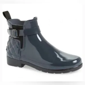 Hunter Refined Slim-Fit Quilted Gloss Chelsea Rain Boots in Gray Sz 10 NWT