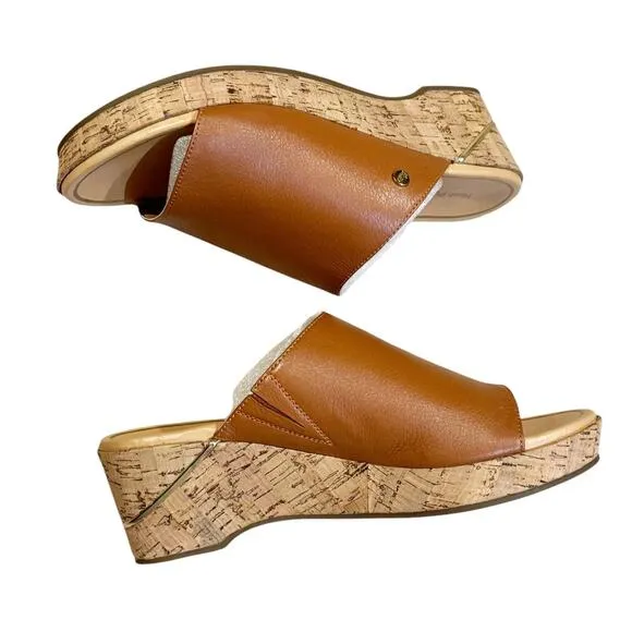 Hush Puppies Leather Wedge Slide Sandles Maya Mid Brown Size 7.5 NWB
