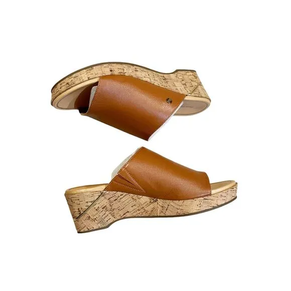 Hush Puppies Leather Wedge Slide Sandles Maya Mid Brown Size 7.5 NWB