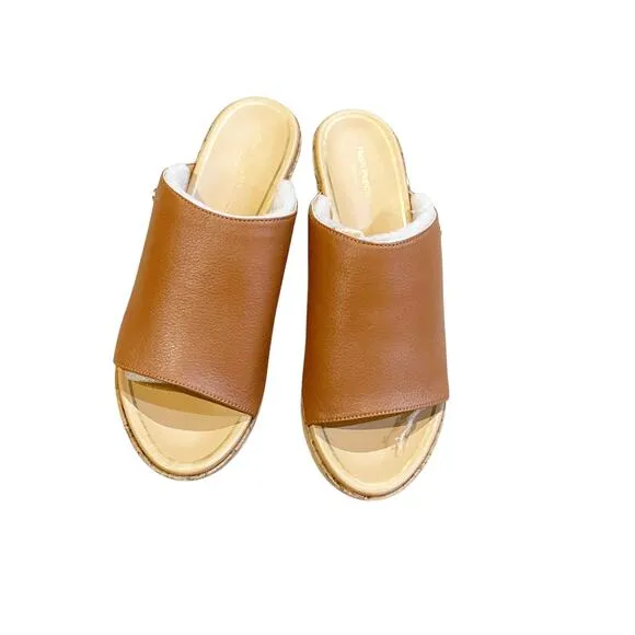 Hush Puppies Leather Wedge Slide Sandles Maya Mid Brown Size 7.5 NWB