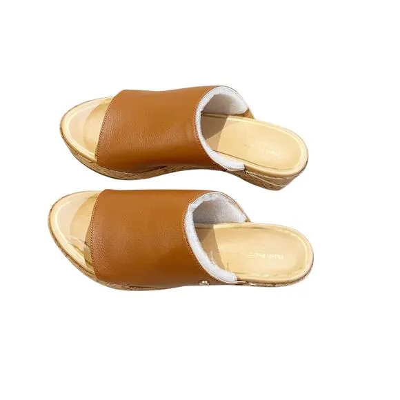 Hush Puppies Leather Wedge Slide Sandles Maya Mid Brown Size 7.5 NWB