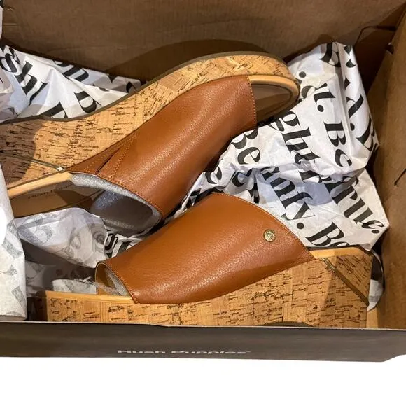 Hush Puppies Leather Wedge Slide Sandles Maya Mid Brown Size 7.5 NWB