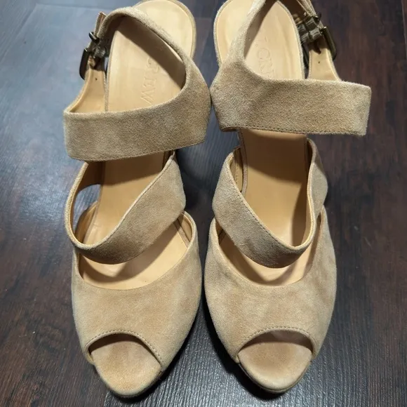 J. Crew Women’s Collins Taupe Tan Suede Heels Peep Toe Sandals Size 9:5