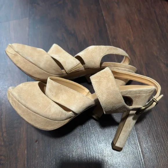 J. Crew Women’s Collins Taupe Tan Suede Heels Peep Toe Sandals Size 9:5