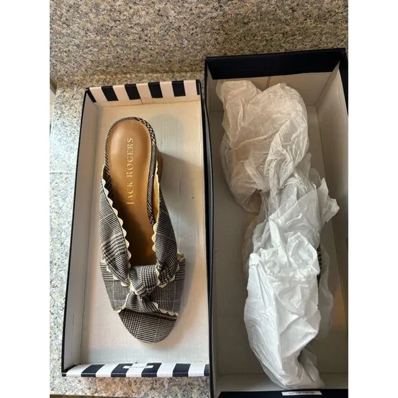 Jack Rogers Navy/Cream/Brown Plaid Cloth 2in Block Heel Open Toe Sandals Sz 7M
