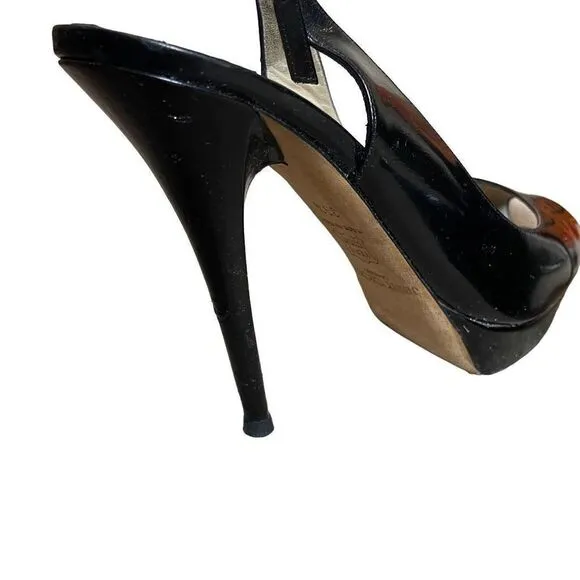 Jimmy Choo Black Patent Leather Peep Toe Platform Sandals | 9.5