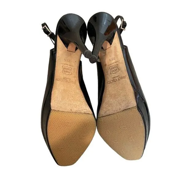 Jimmy Choo Black Patent Leather Peep Toe Platform Sandals | 9.5