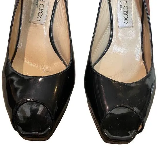 Jimmy Choo Black Patent Leather Peep Toe Platform Sandals | 9.5