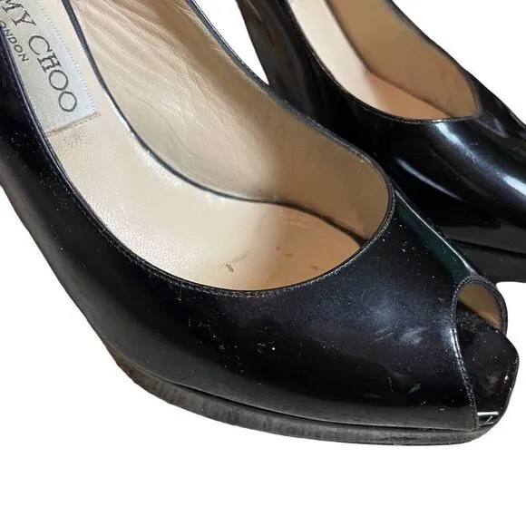 Jimmy Choo Black Patent Leather Peep Toe Platform Sandals | 9.5