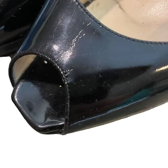 Jimmy Choo Black Patent Leather Peep Toe Platform Sandals | 9.5
