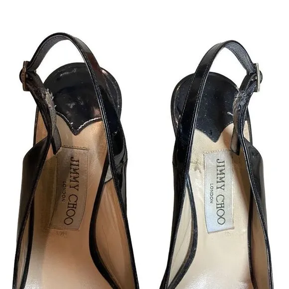 Jimmy Choo Black Patent Leather Peep Toe Platform Sandals | 9.5