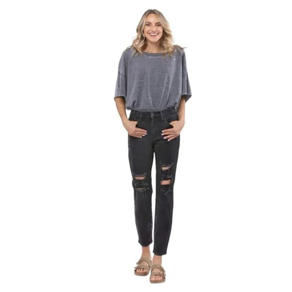 JUDY BLUE Loose Fit Distressed Black High Waist Jeans NWT Sz 20 W