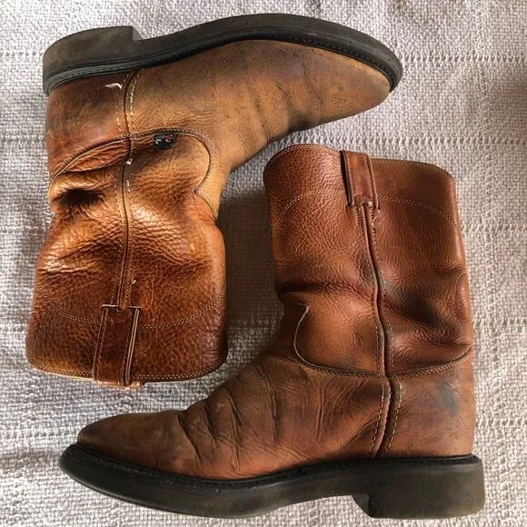 Justin Brown Leather Conductor Roper Pull On Work Boots Men's Size 9.5 Western