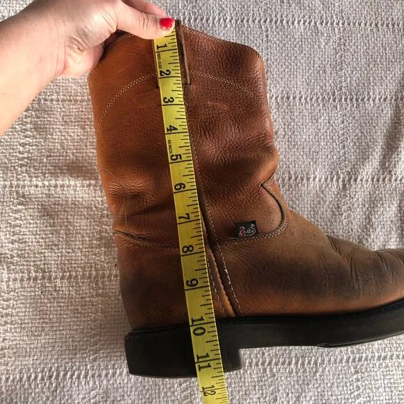 Justin Brown Leather Conductor Roper Pull On Work Boots Men's Size 9.5 Western
