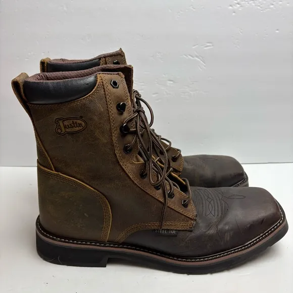Justin Steel Toe PULLEY 8&quot; WORK Boots Lace-up ASTM F2413-18 SE682 Mens size 14 D