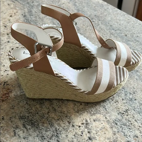 Kelly &amp; Katie Brown and White Wedge Sandals with Crisscross Straps