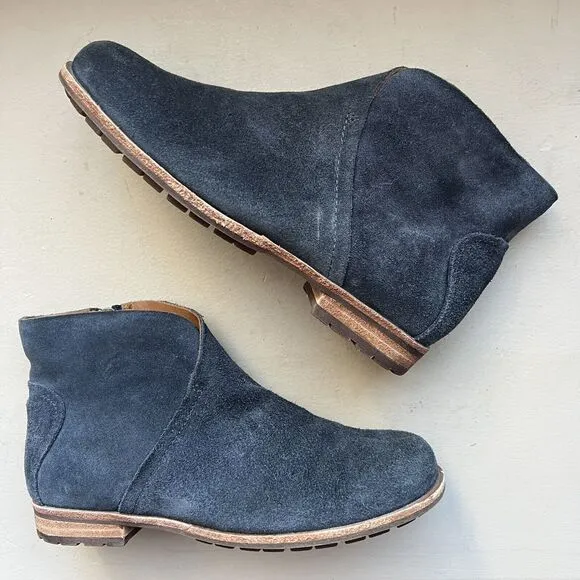 Kork-Ease Balsa Navy Gray Suede Leather Ankle Boots w/ Side Zipper Women’s 6