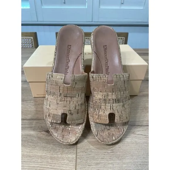 L'Amour Des Pieds LDP Catiana Cork Sandals Natura/Gold Cork Textile Size 9 NIB