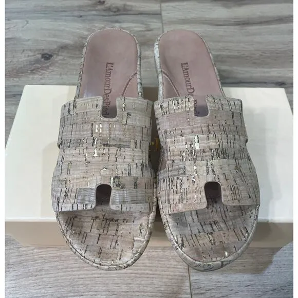 L'Amour Des Pieds LDP Catiana Cork Sandals Natura/Gold Cork Textile Size 9 NIB