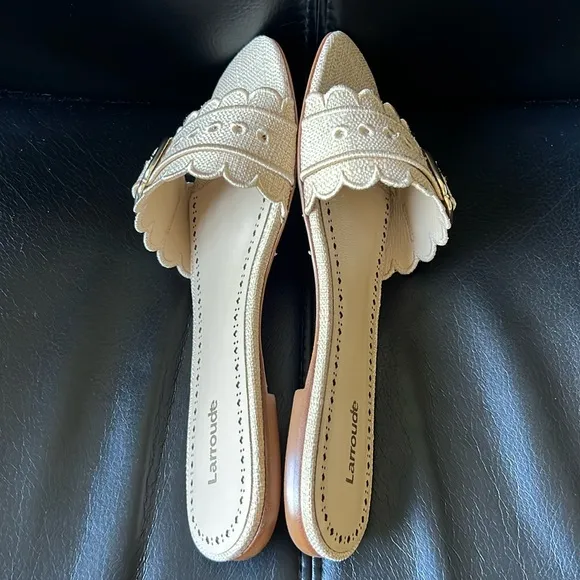 Larroude Ivy Broderie Slide Sandals in Beige