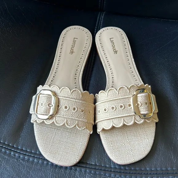 Larroude Ivy Broderie Slide Sandals in Beige