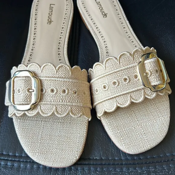 Larroude Ivy Broderie Slide Sandals in Beige