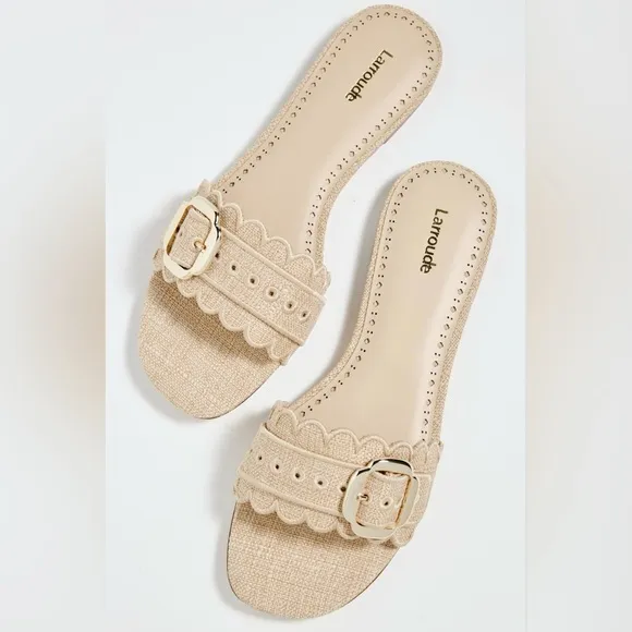 Larroude Ivy Broderie Slide Sandals in Beige