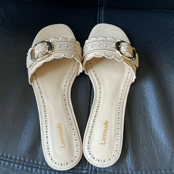 Larroude Ivy Broderie Slide Sandals in Beige