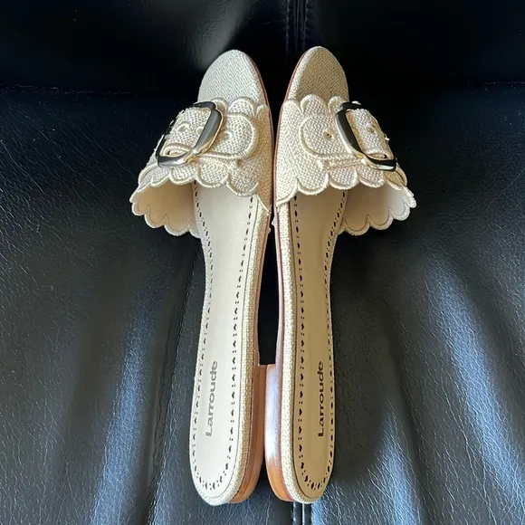 Larroude Ivy Broderie Slide Sandals in Beige