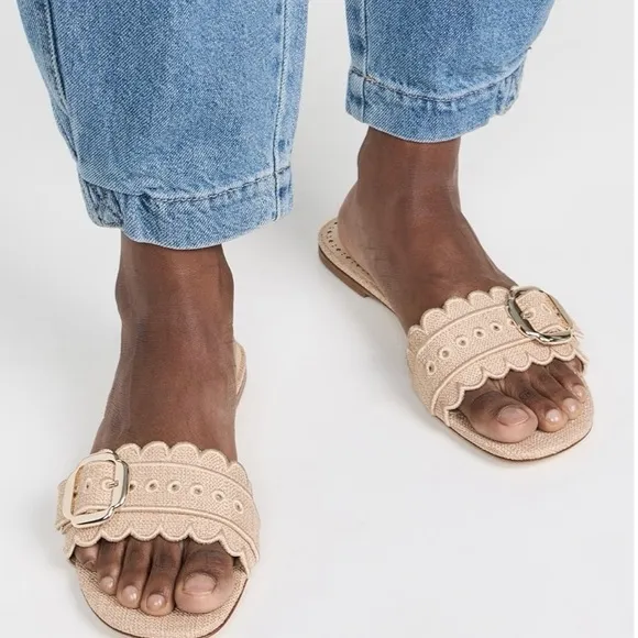 Larroude Ivy Broderie Slide Sandals in Beige