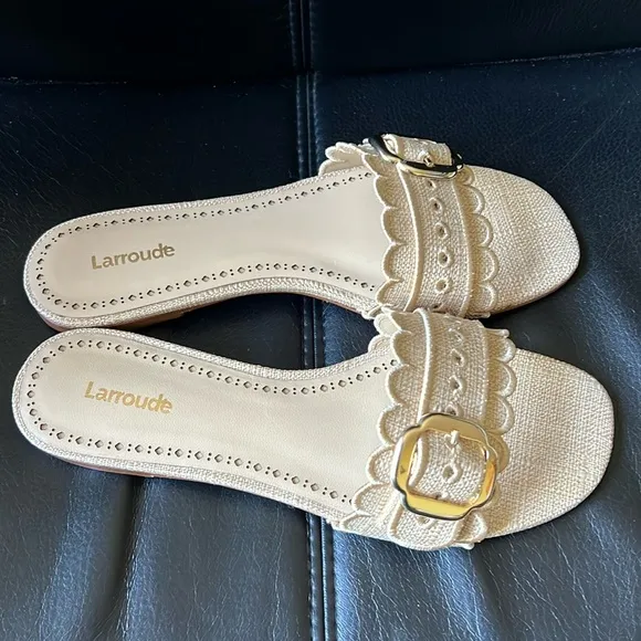 Larroude Ivy Broderie Slide Sandals in Beige