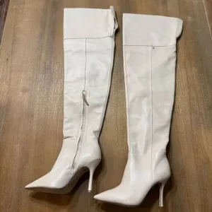 Larroude Kate Over The Knee Point Toe Boot Ivory Leather Stiletto Size 6