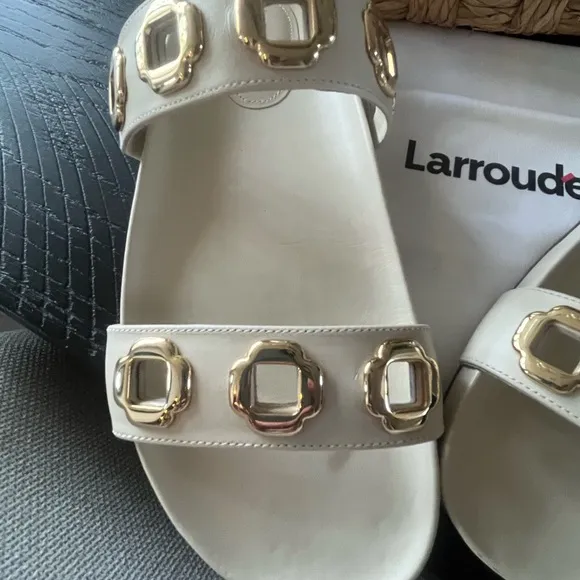 Larroude Milan Cream Slide Sandals with Gold Accents