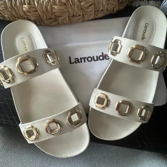 Larroude Milan Cream Slide Sandals with Gold Accents