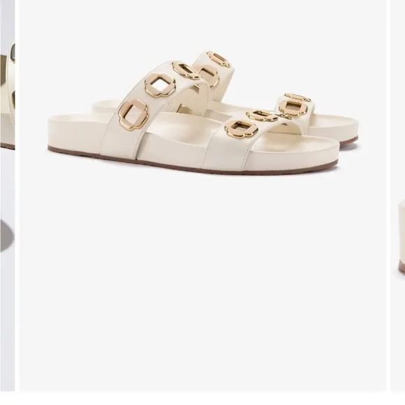 Larroude Milan Cream Slide Sandals with Gold Accents