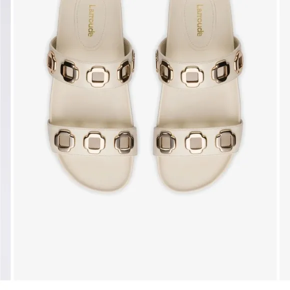 Larroude Milan Cream Slide Sandals with Gold Accents