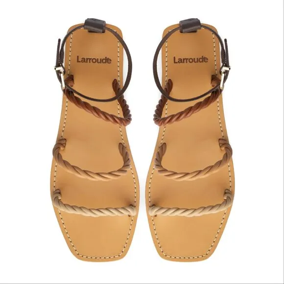 Larroude Santorini Twist Strap Flat Sandals Size 7 Brown Beige Leather NEW